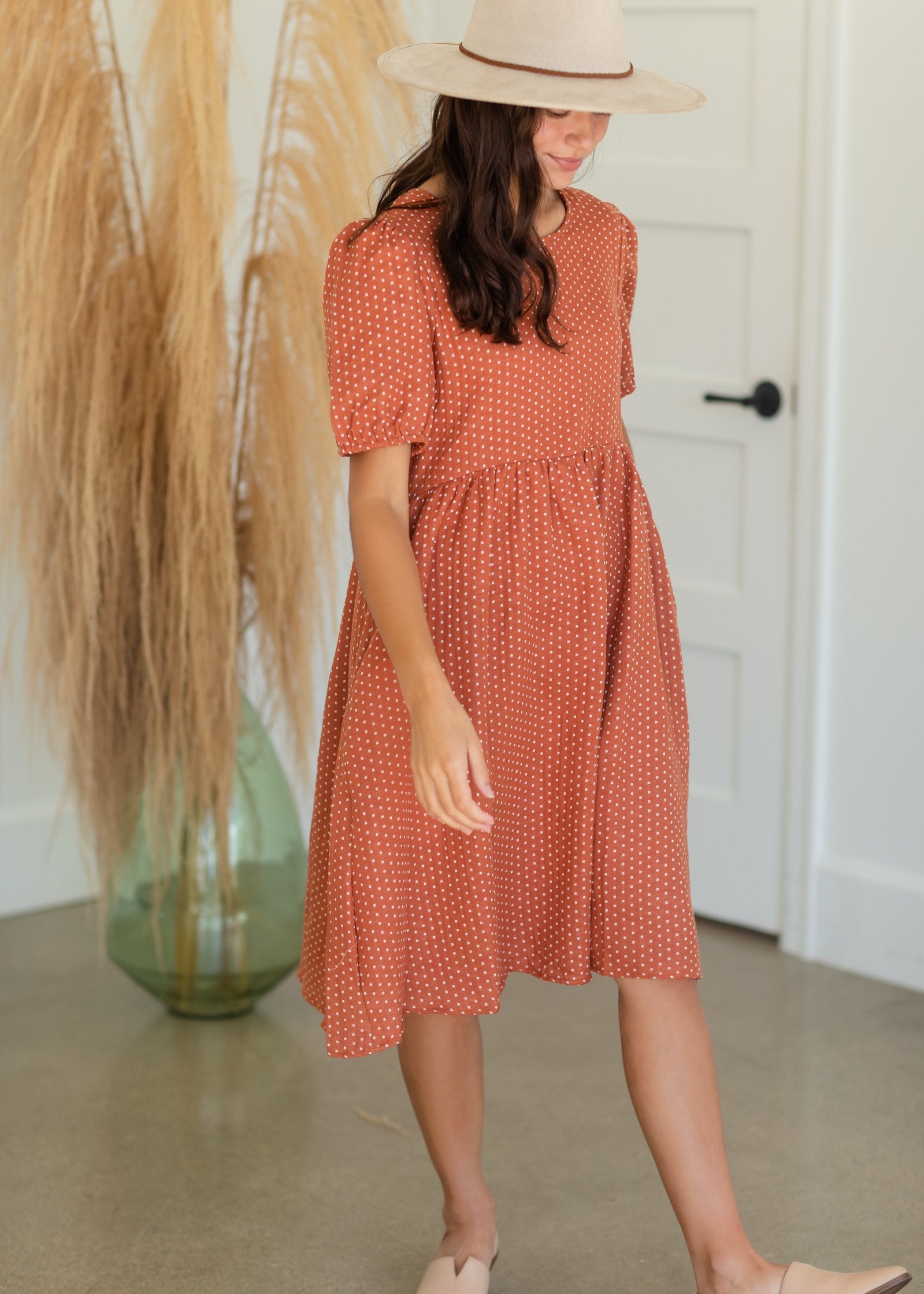 Puff Sleeve Dotted Midi Dress Dresses Tea N Rose/Amber Blue