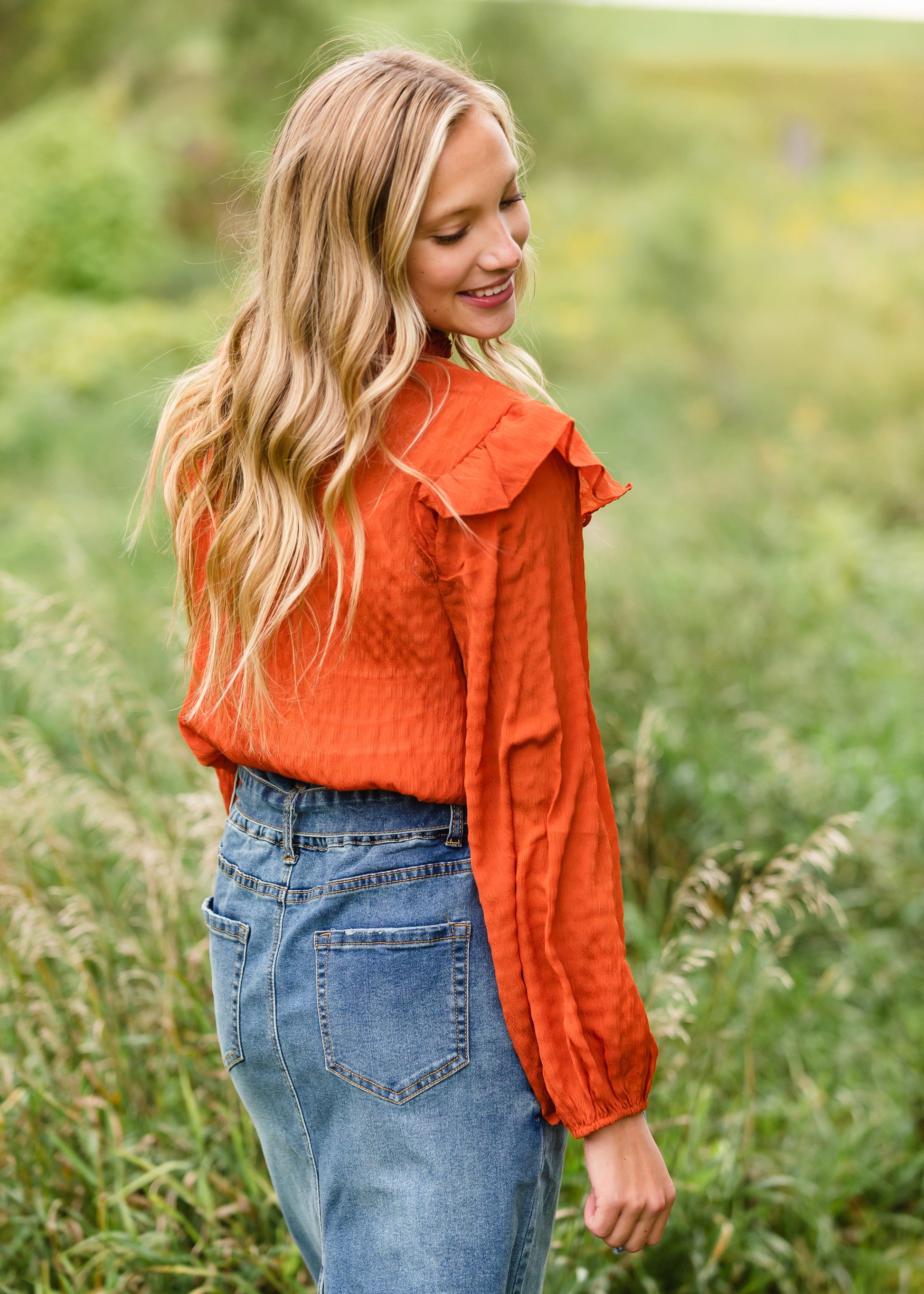 Pumpkin Spice Ruffle Sleeve Blouse - FINAL SALE Tops