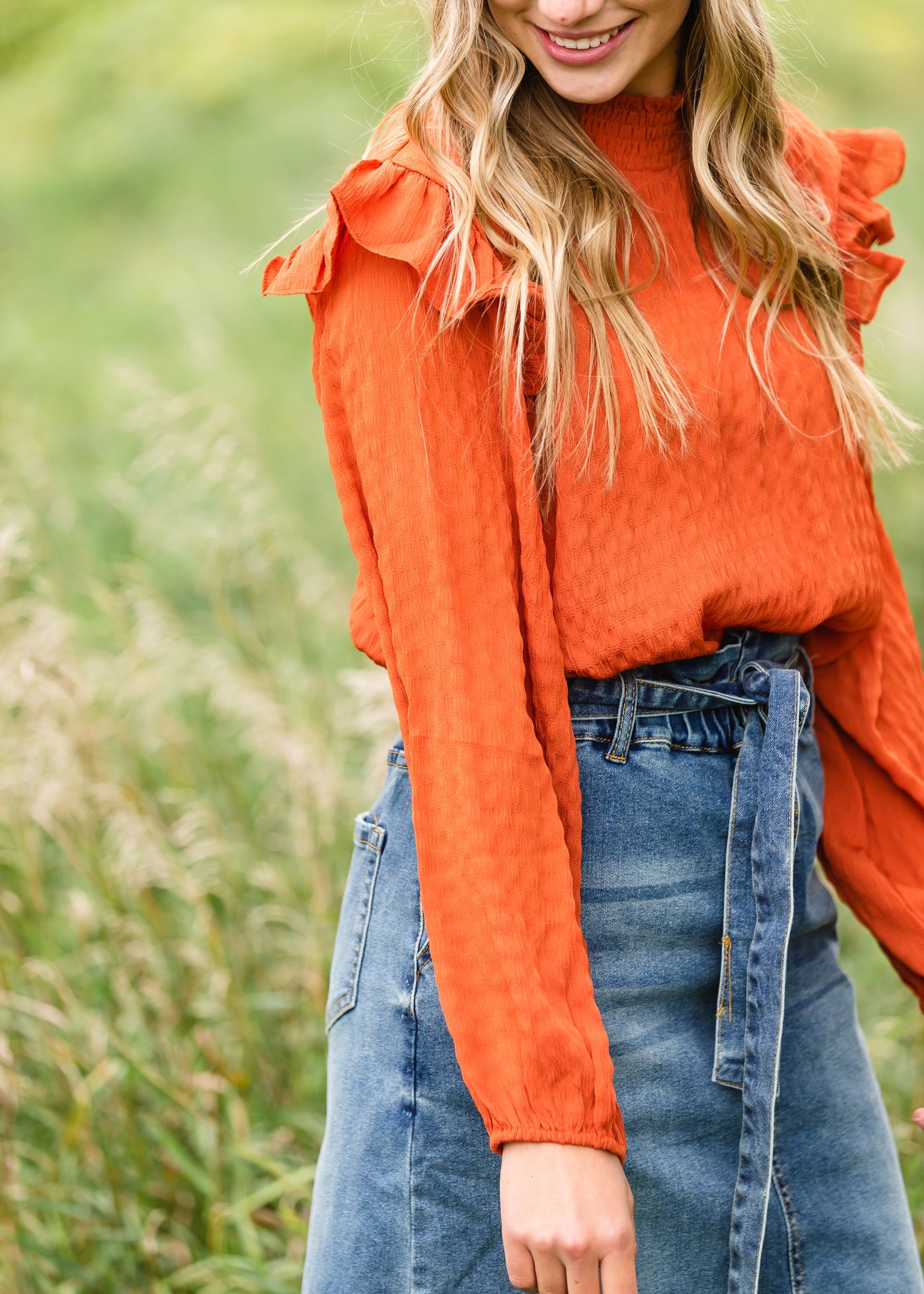 Pumpkin Spice Ruffle Sleeve Blouse - FINAL SALE Tops