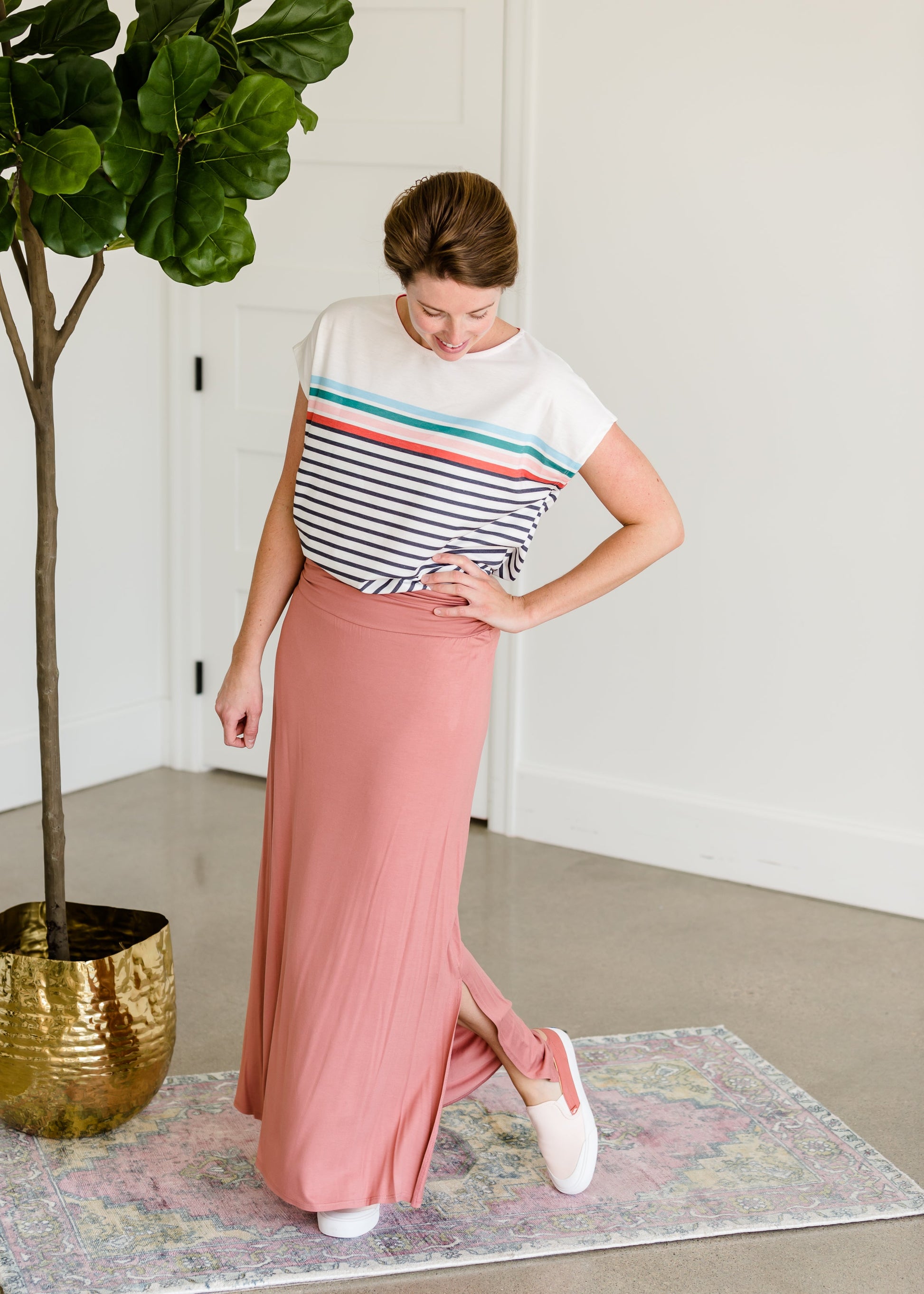 Rainbow Striped French Terry Tee Tops