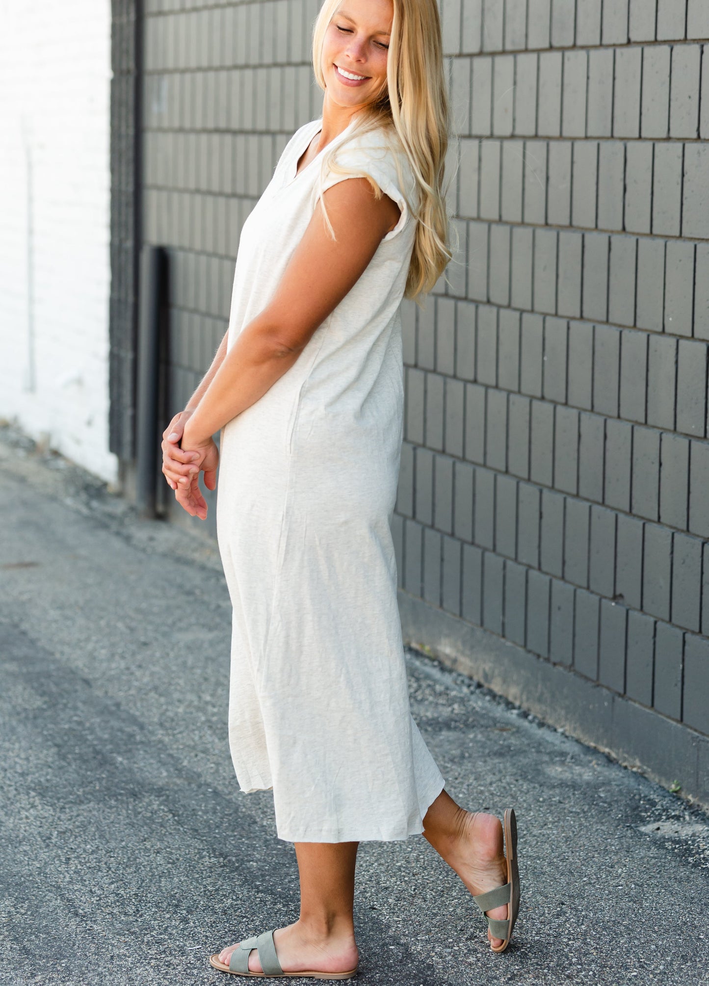 Raw Hem V-Neck Oatmeal Dress Dresses