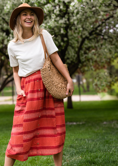 Red Brick Striped Pocket Midi Skirt Skirts