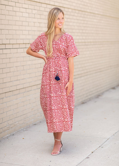 Red Short Sleeve V-Neck Maxi Dress Dresses