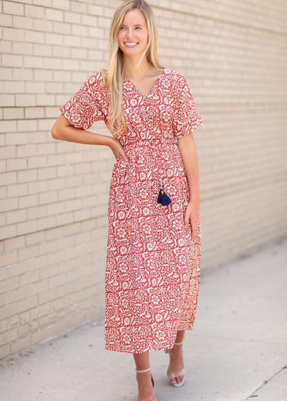 Red Short Sleeve V-Neck Maxi Dress Dresses