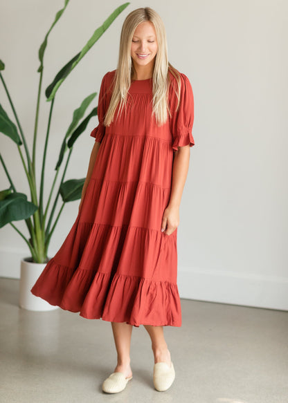 Red Smocked Sleeve Tiered Midi Dress Dresses