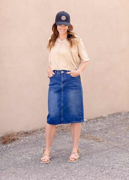 Remi Dark Wash Denim Midi Skirt Skirts