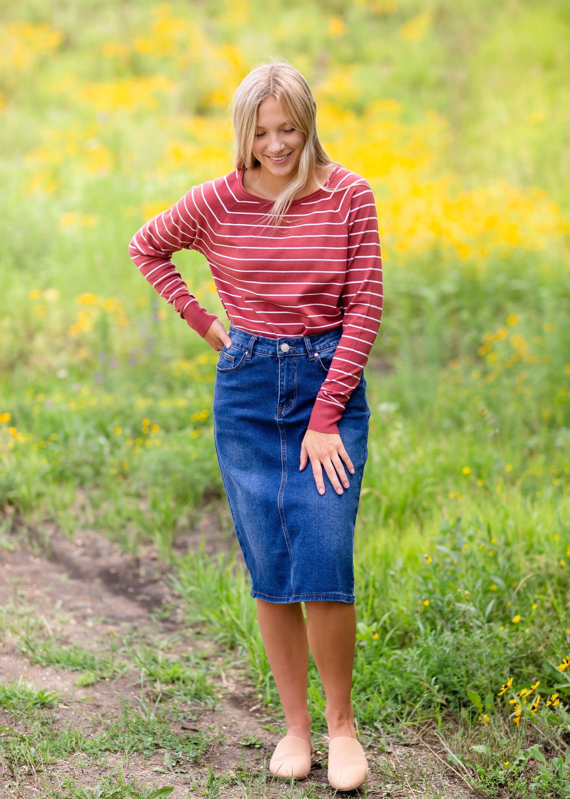 Remi Dark Wash Denim Midi Skirt Skirts