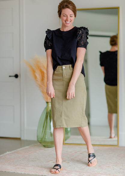 Remi Moss Olive Denim Midi Skirt Sheer Dent Beauty