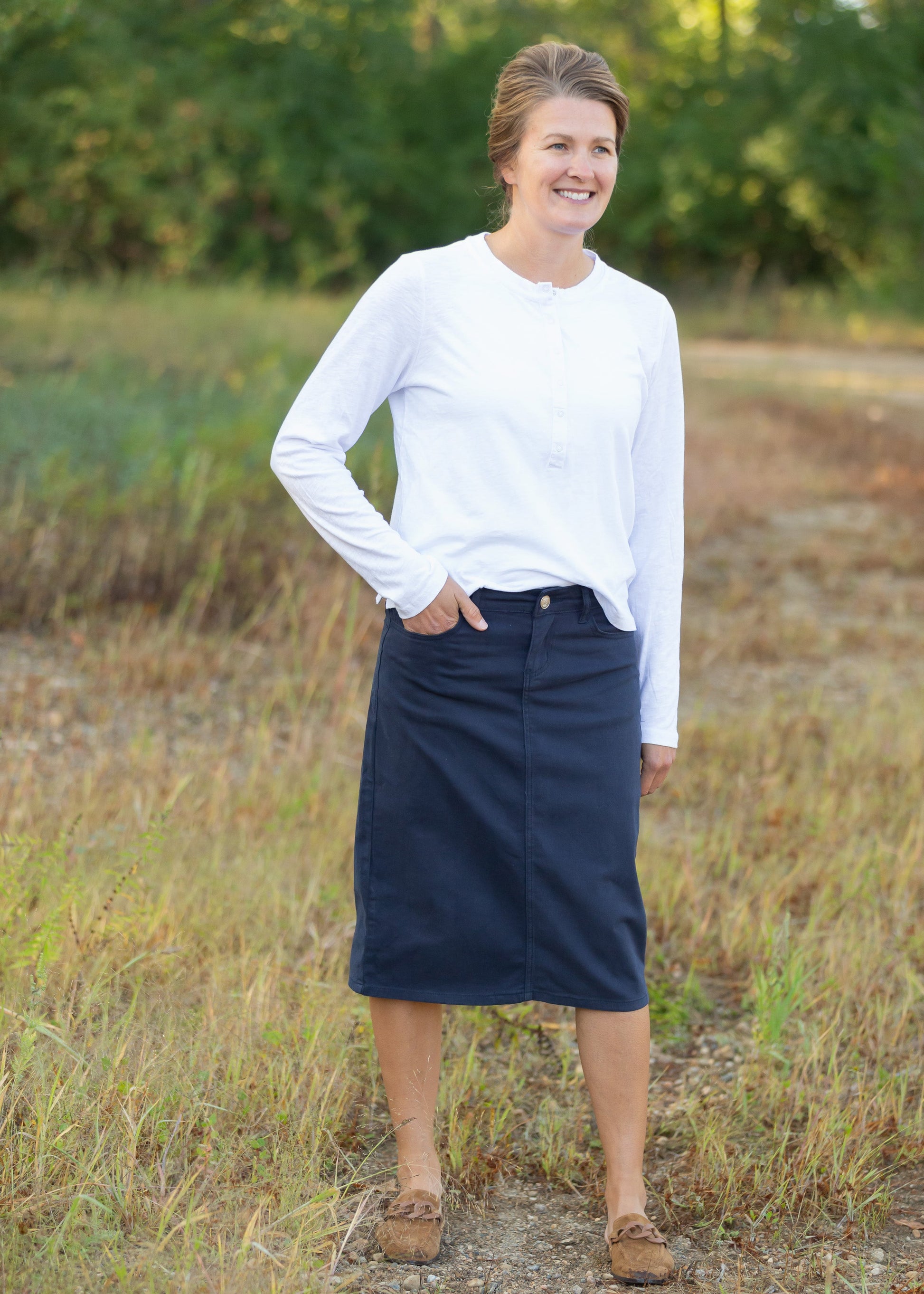 Remi Navy Night Denim Midi Skirt Skirts