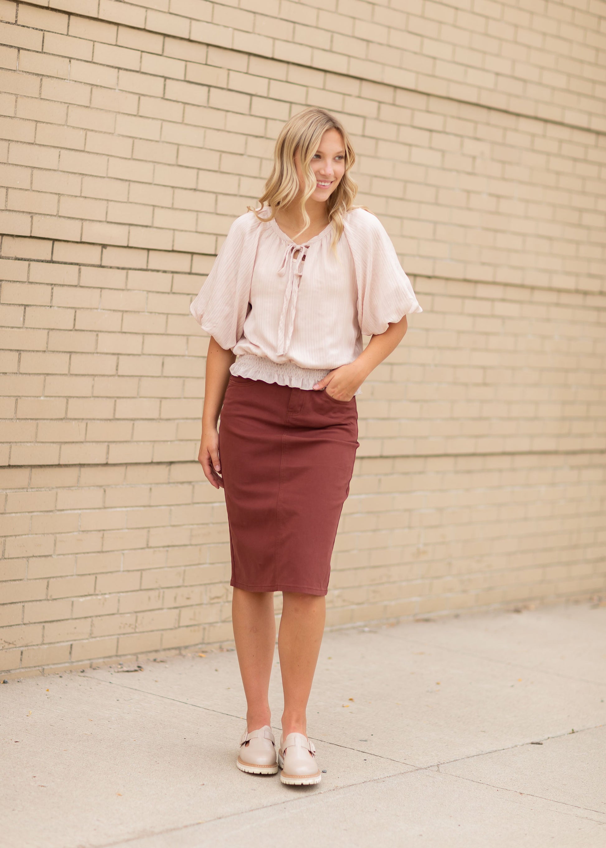 This Remi is a straight fit skirt that is a fan favorite Inherit Design. This rosewood color is gorgeous and will go with all the things. It comes in sizes 26" + 29" lengths with a slit in the back for walkability.