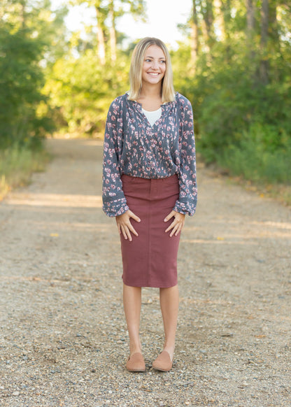 This Remi is a straight fit skirt that is a fan favorite Inherit Design. This rosewood color is gorgeous and will go with all the things. It comes in sizes 26" + 29" lengths with a slit in the back for walkability.