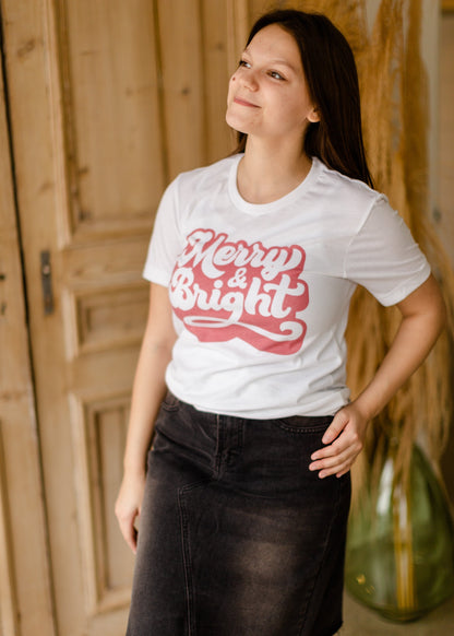 Retro Merry + Bright Graphic Tee Tops Amy Anne Apparel Inc