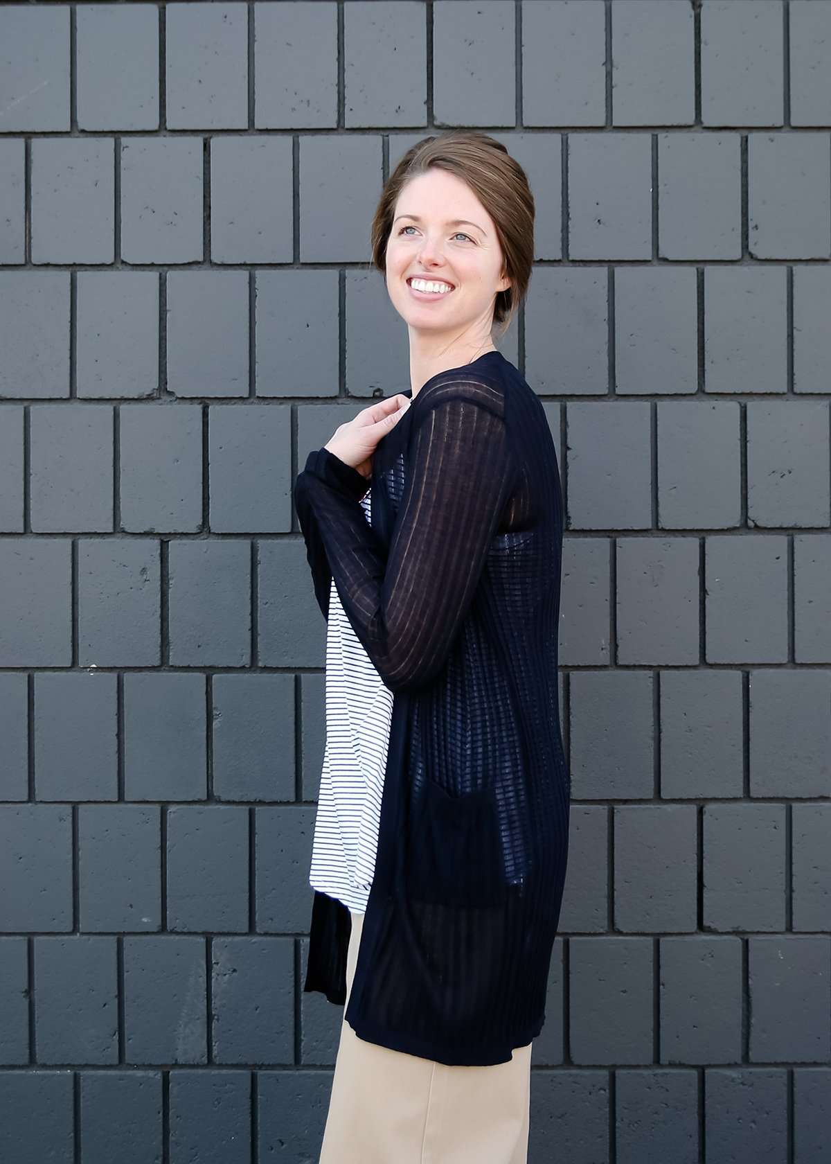 Navy lightweight ribbed cardigan with pockets