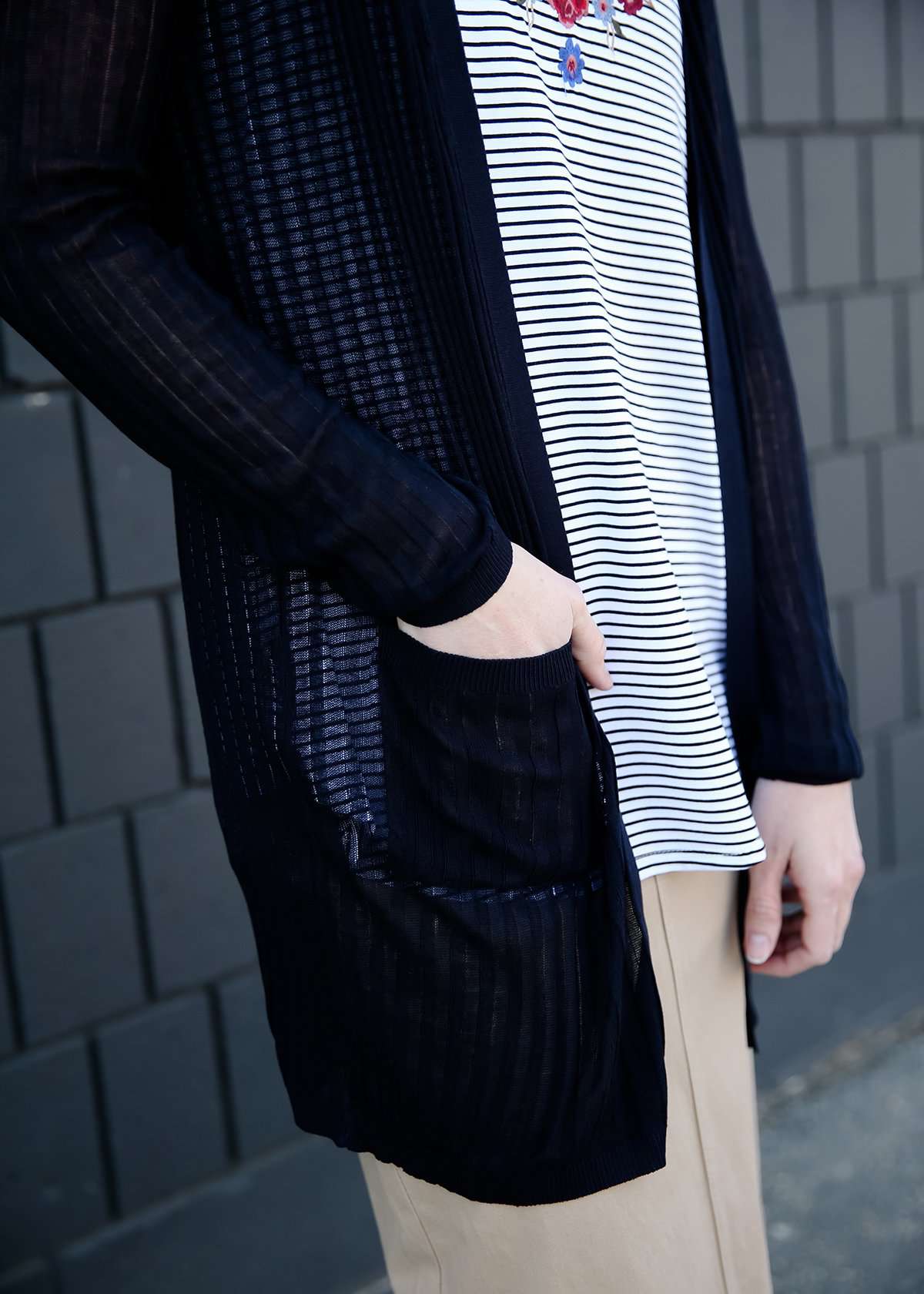 Navy lightweight ribbed cardigan with pockets