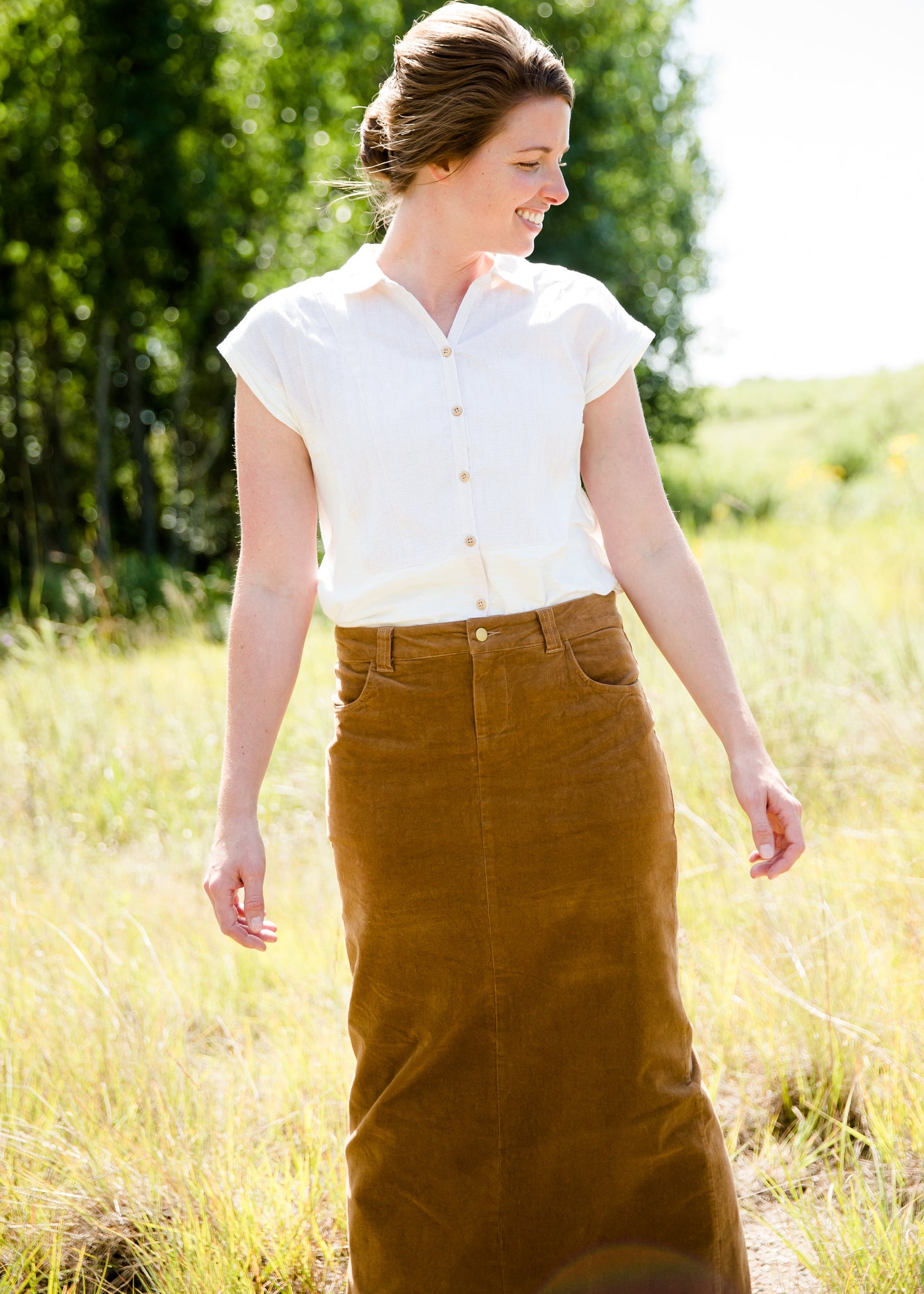 Women's button up modest cream and tan top 