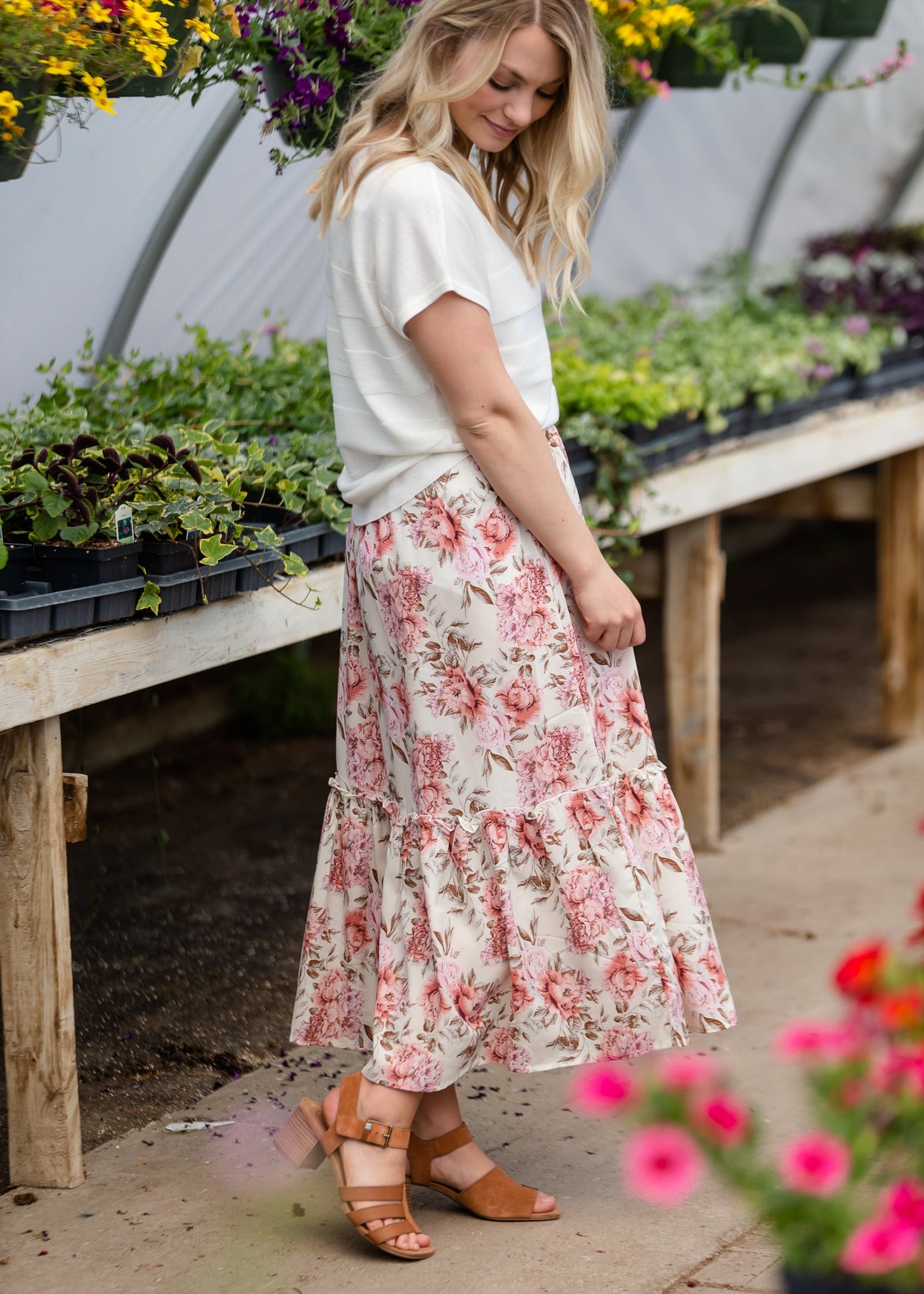 Rose Floral Elastic Waist Midi Skirt - FINAL SALE Skirts