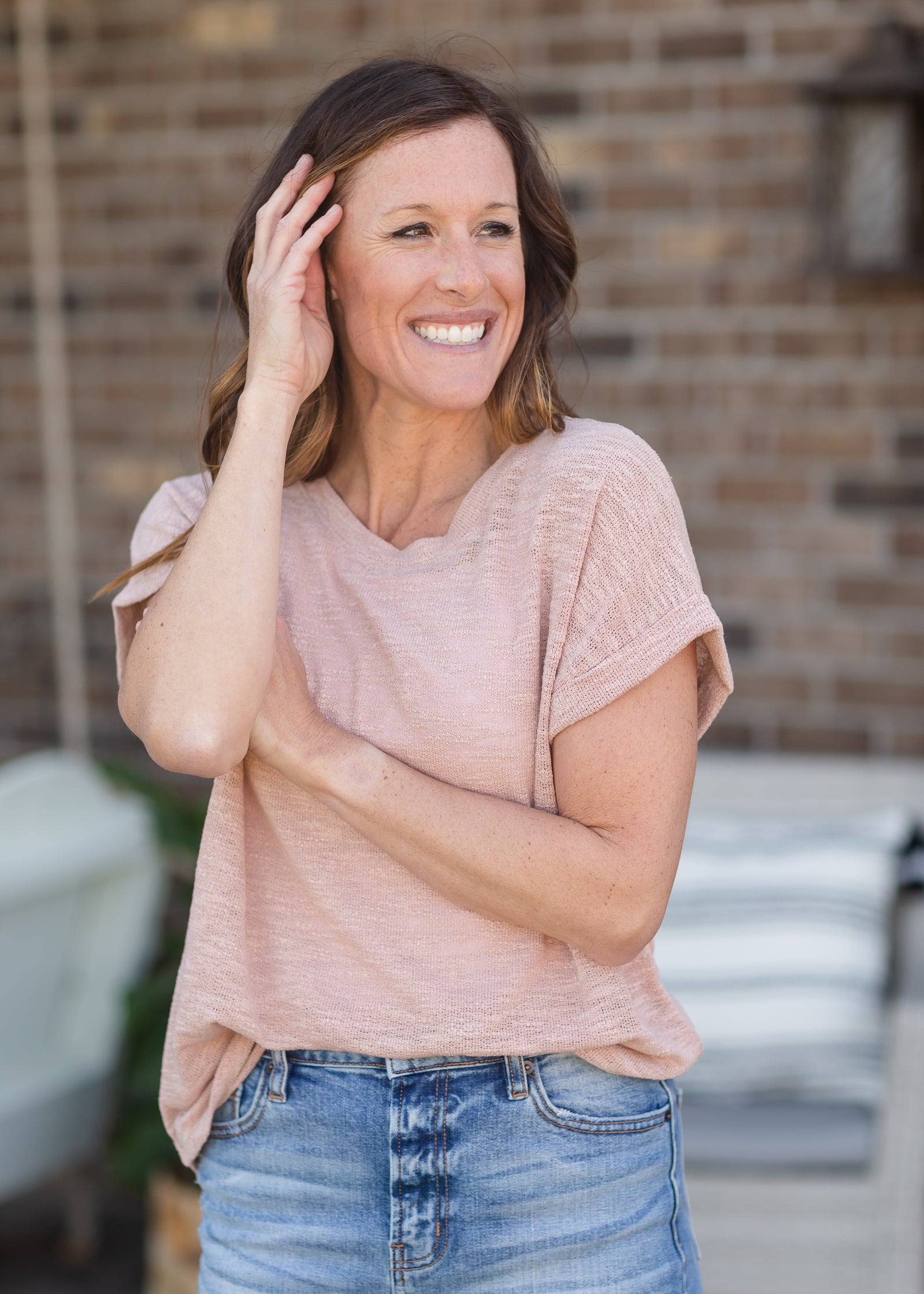 Round Neck Cuffed Sleeve Top Tops