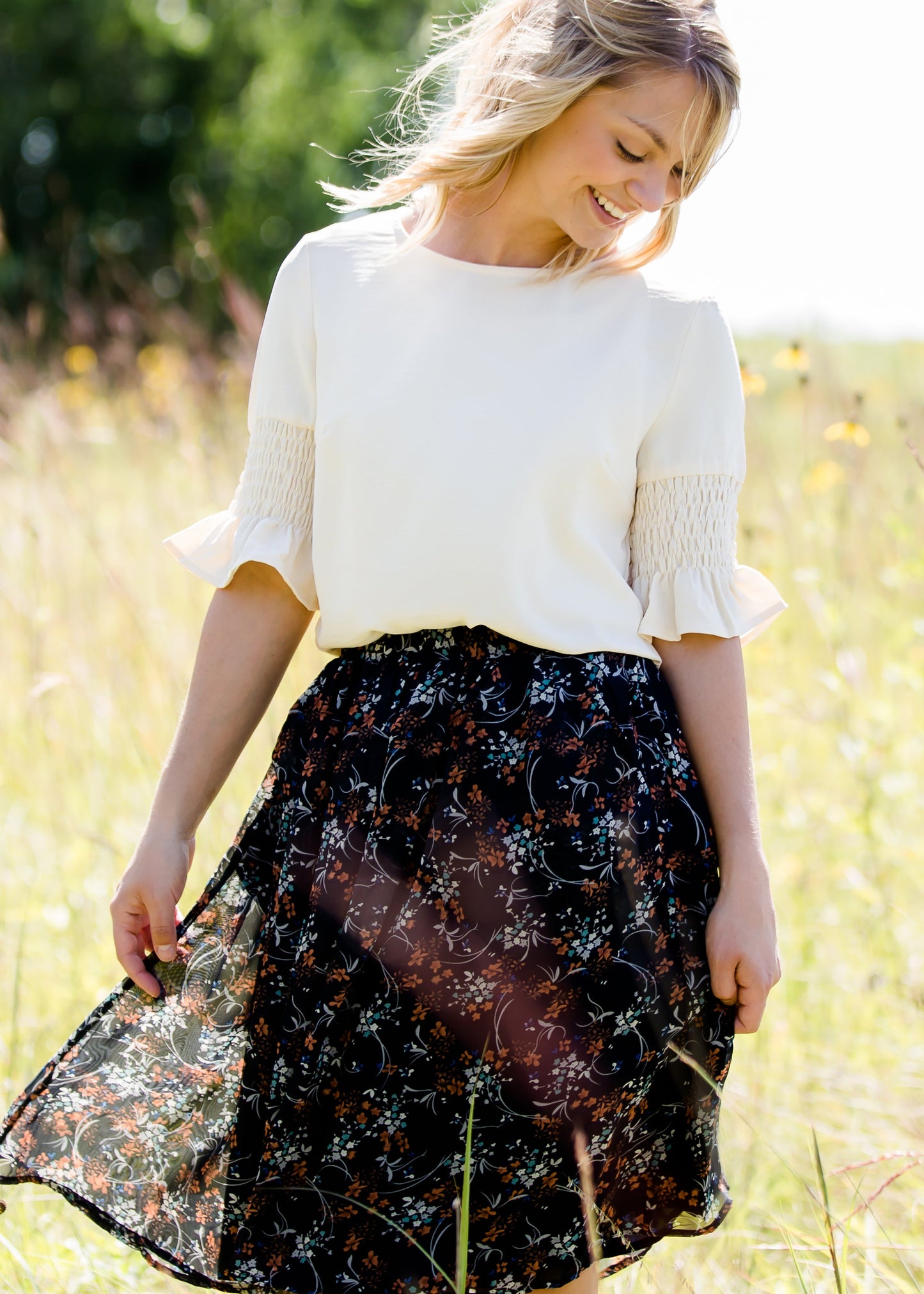 ivory gathered sleeve 3/4 blouse