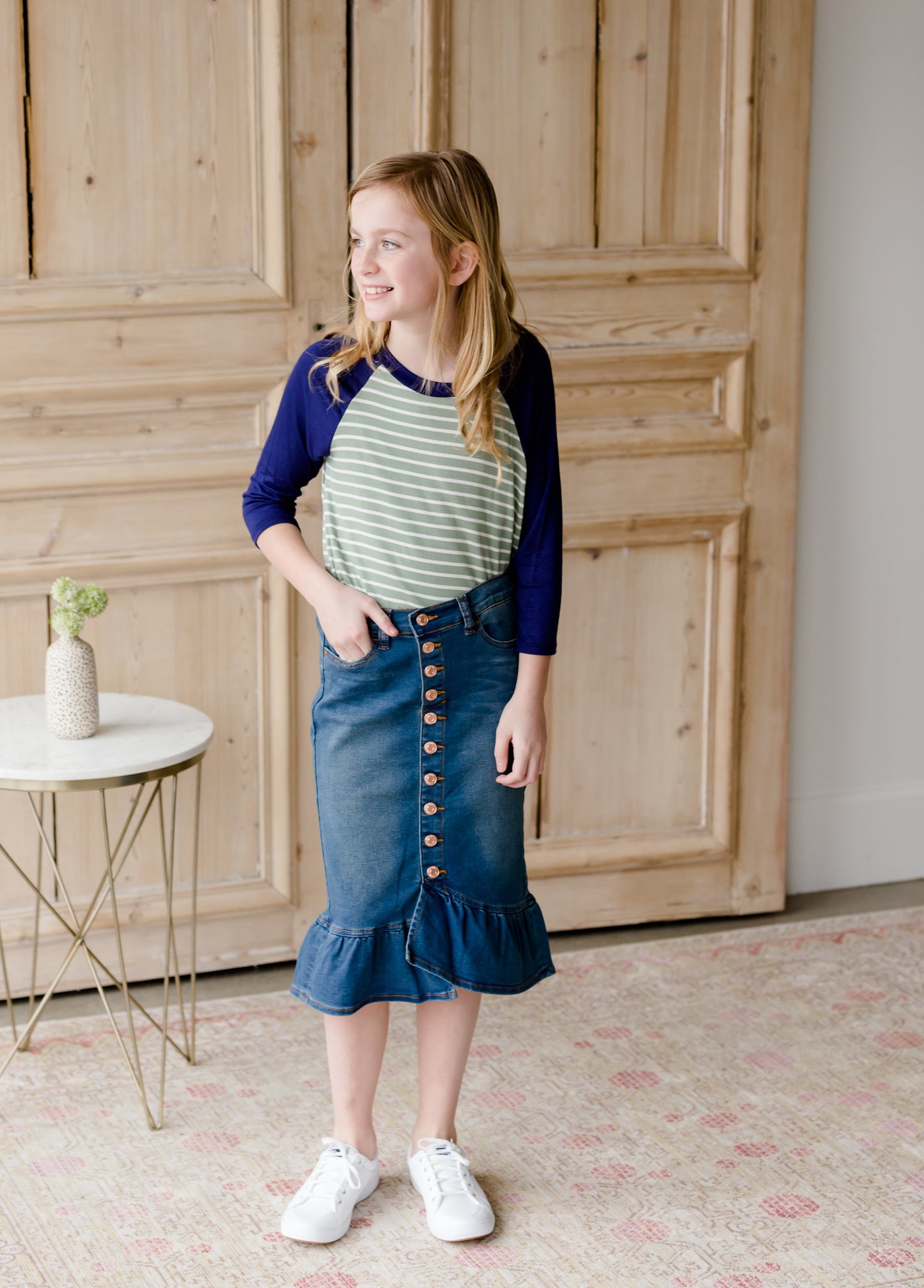 Ruffle Button Denim Jean Midi Skirt - FINAL SALE Skirts