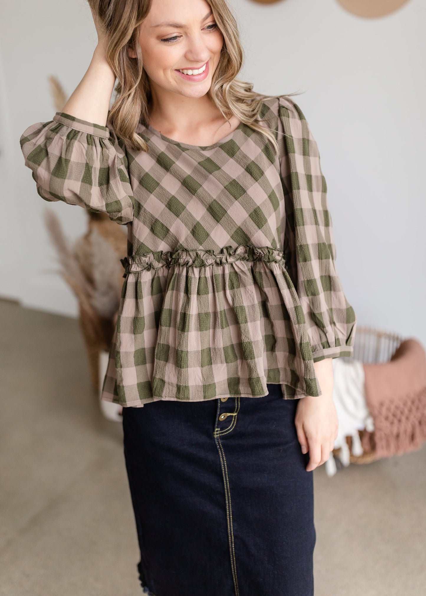 Ruffle Hem Checker Peplum 3/4 Sleeve Top Tops Entro