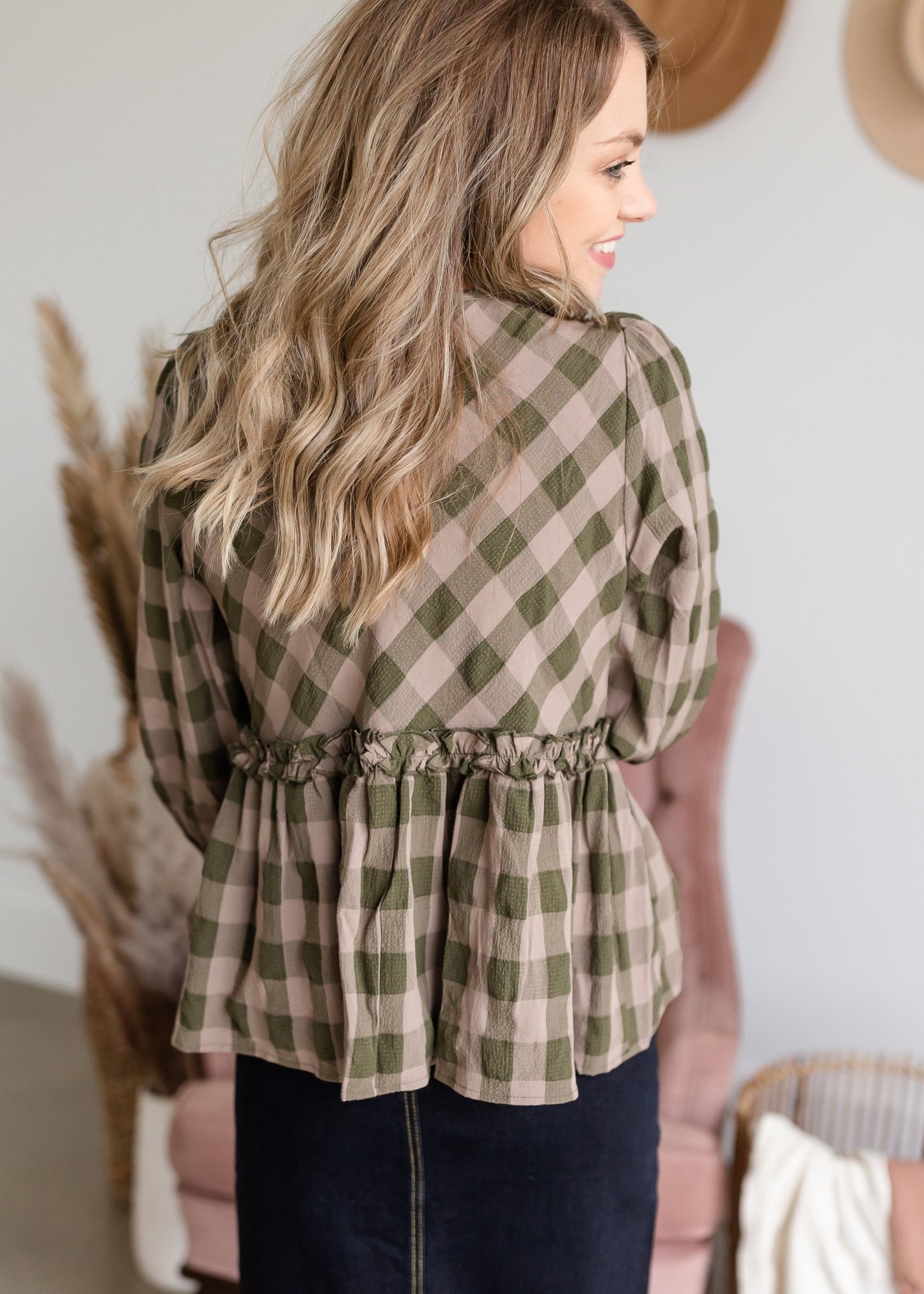 Ruffle Hem Checker Peplum 3/4 Sleeve Top Tops Entro