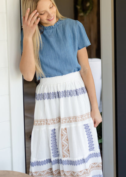 Ruffle Neck Denim Chambray Top Tops