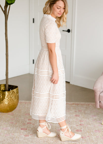 Ruffle Neck Ivory Lace Tiered Midi Dress - FINAL SALE Dresses