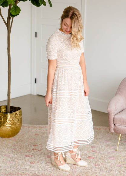 Ruffle Neck Ivory Lace Tiered Midi Dress - FINAL SALE Dresses