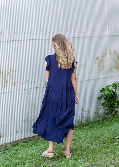 Ruffle Neck + Ruffle Sleeve Midi Dress Dresses