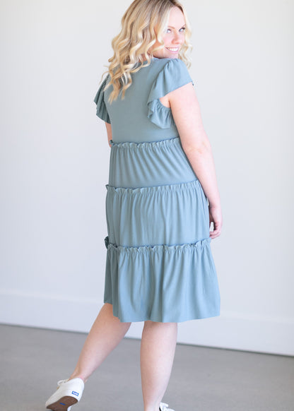 Ruffle Sleeve Tiered Midi Dress Dresses