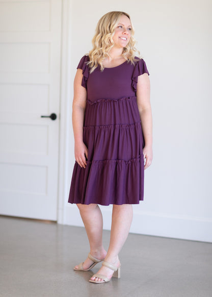 Ruffle Sleeve Tiered Midi Dress Dresses Plum / S