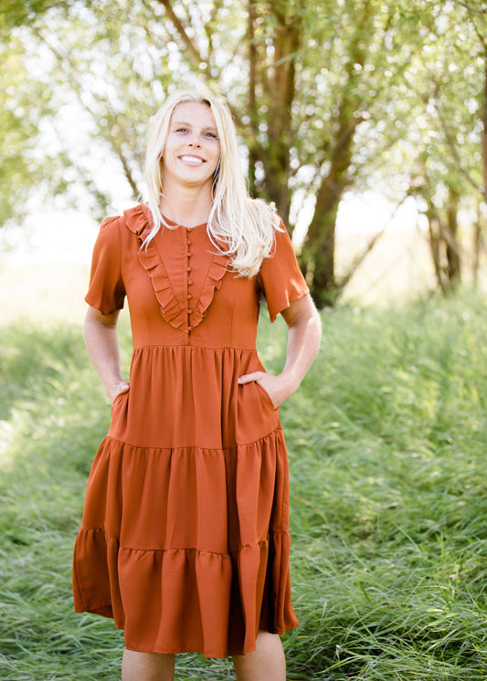 orange ruffle tiered midi dress