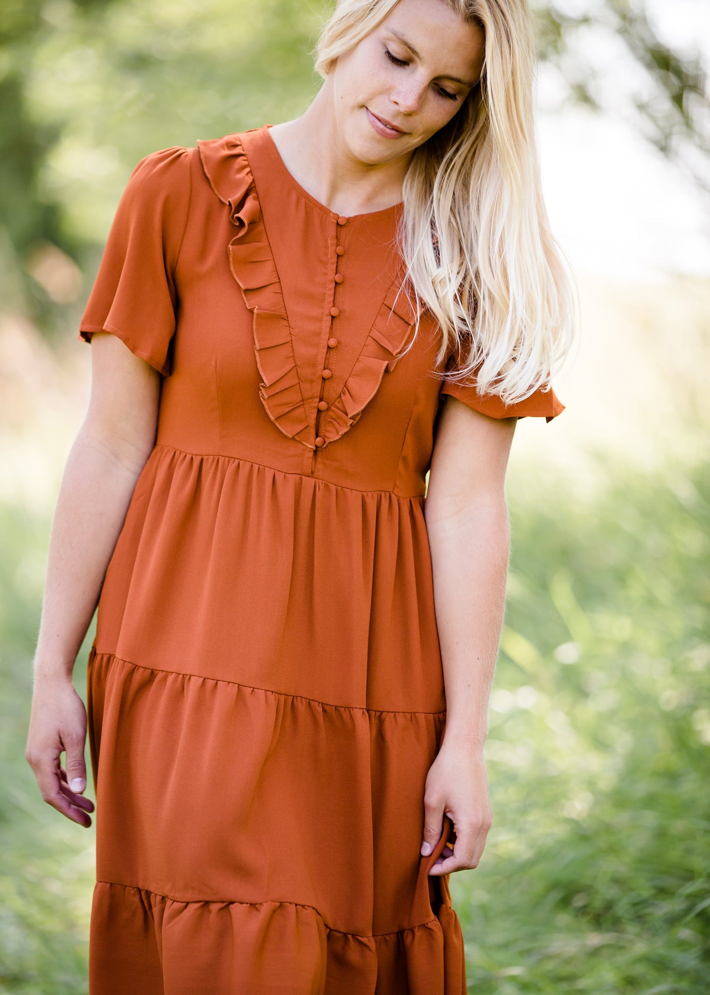 orange ruffle tiered midi dress