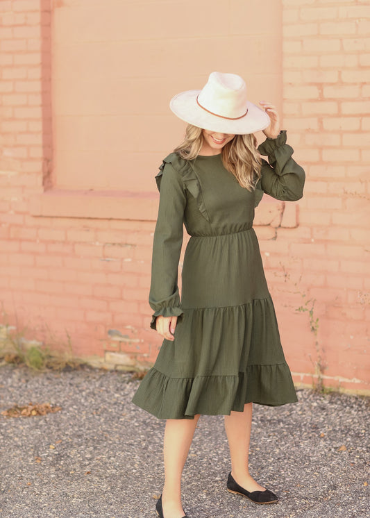 Ruffle Tiered Layered Long Puff Sleeve Midi Dress Dresses Orange Creek