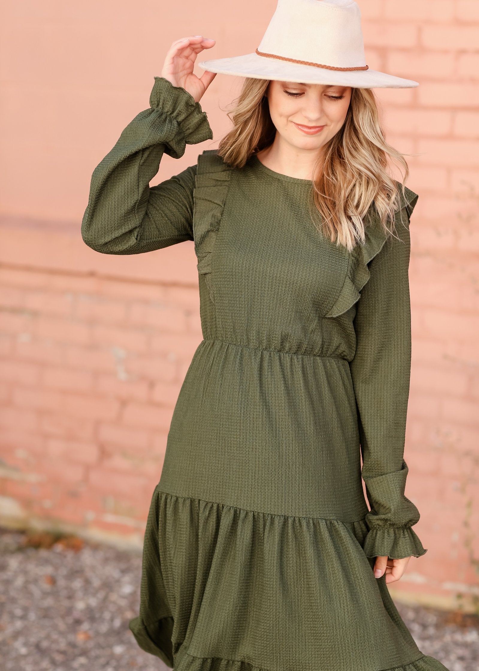 Ruffle Tiered Layered Long Puff Sleeve Midi Dress Dresses Orange Creek