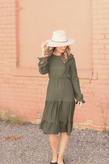 Ruffle Tiered Layered Long Puff Sleeve Midi Dress Dresses Orange Creek