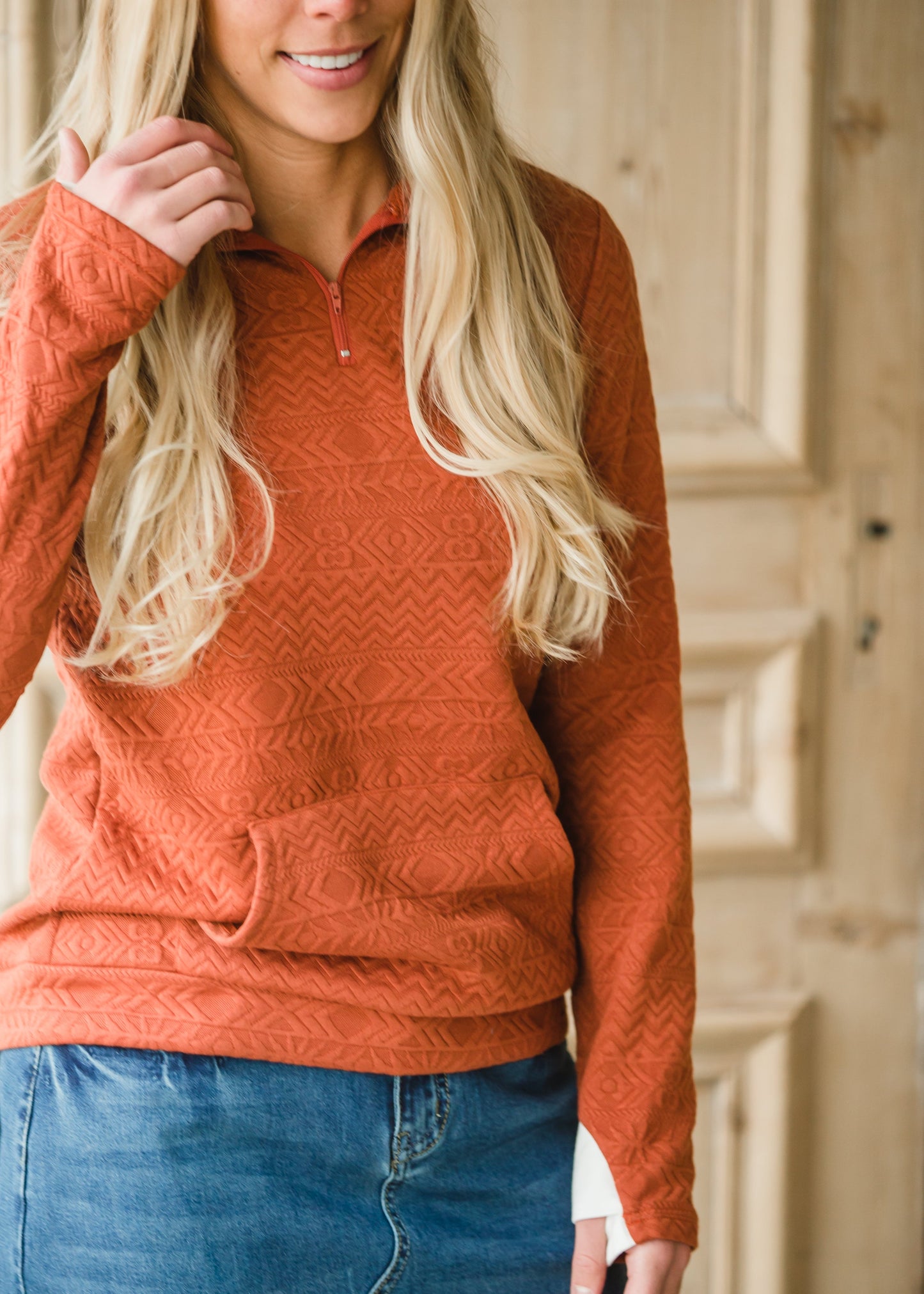 Rust 1/4 Zip Textured Sweater Shirt