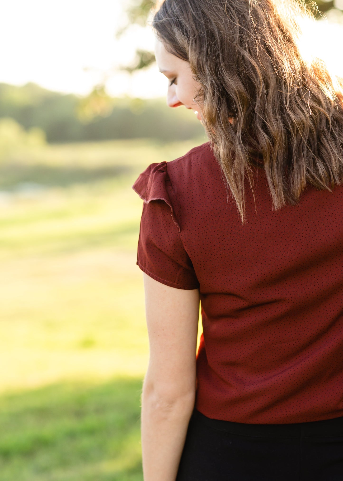 Rust Dotted Flutter Sleeve Blouse - FINAL SALE Tops