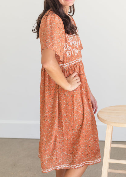 Rust Embroidered Flutter Sleeve Midi Dress Dresses Polagram