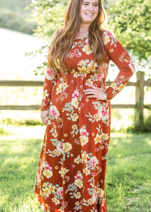 Rust Floral Long Sleeve Maxi Dress Dresses