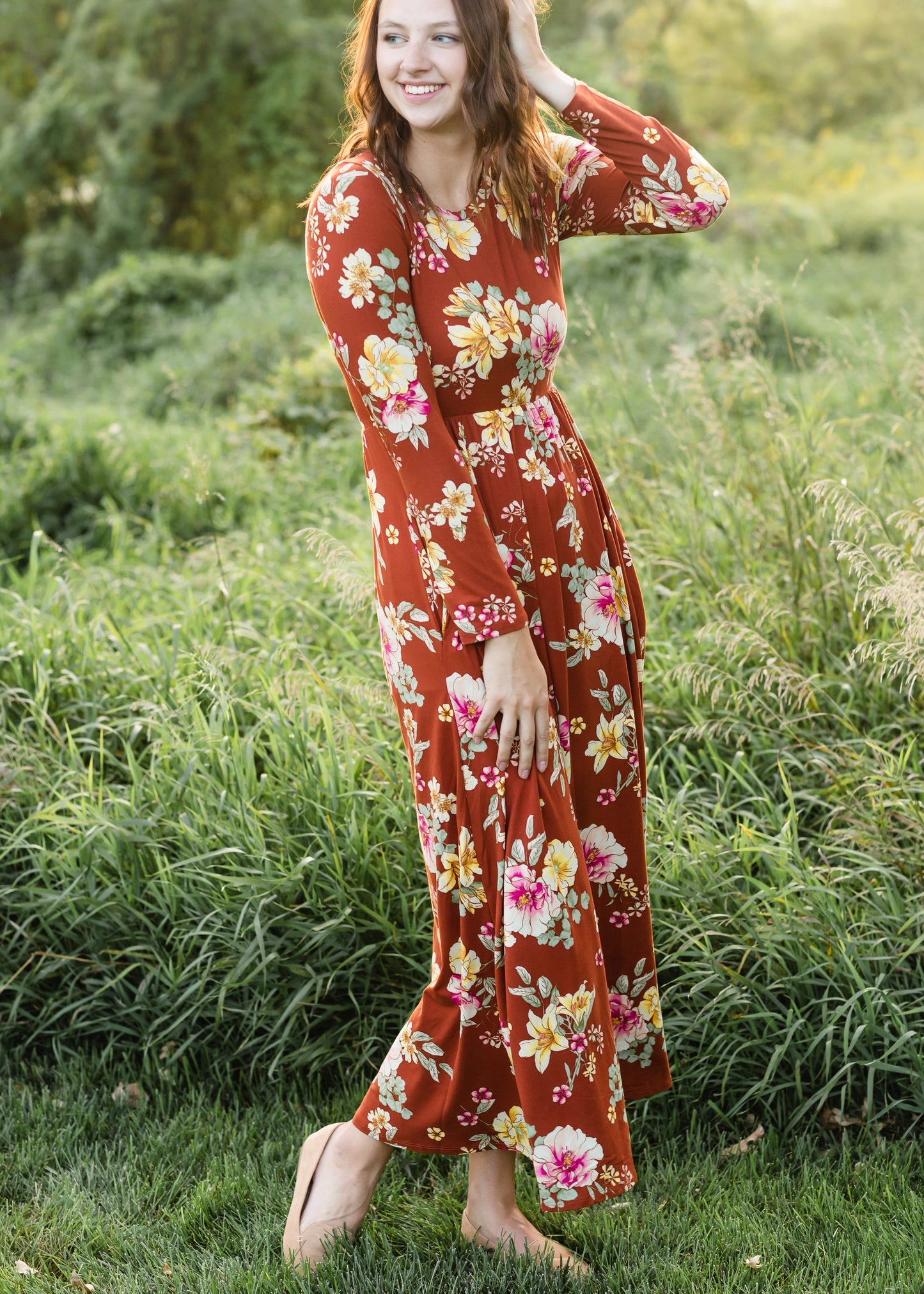 Rust Floral Long Sleeve Maxi Dress Dresses