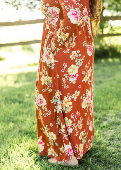 Rust Floral Long Sleeve Maxi Dress Dresses