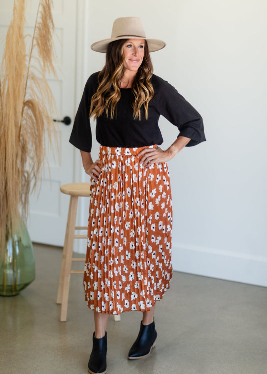 Rust Floral Print Pleated Midi Skirt Skirts Polagram + BaeVely