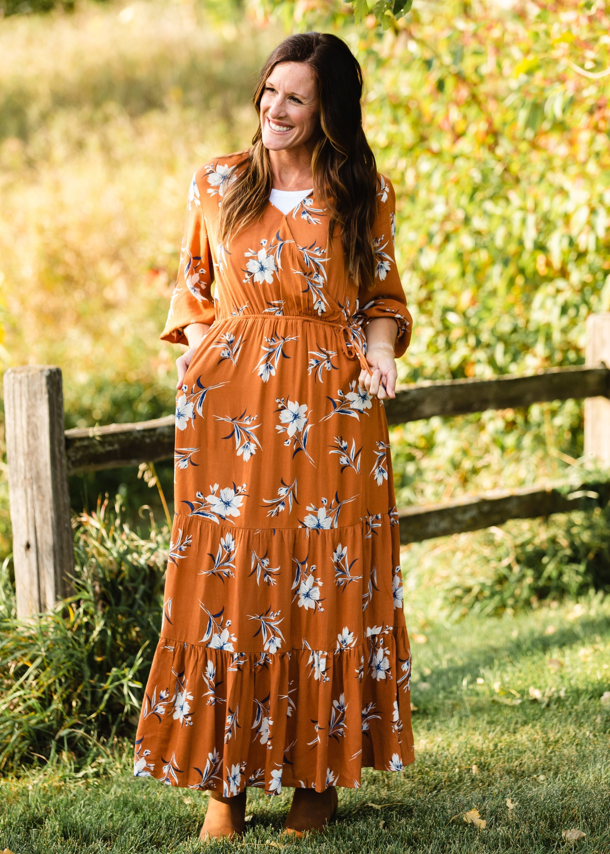 Rust Floral Wrap Maxi Dress Dresses