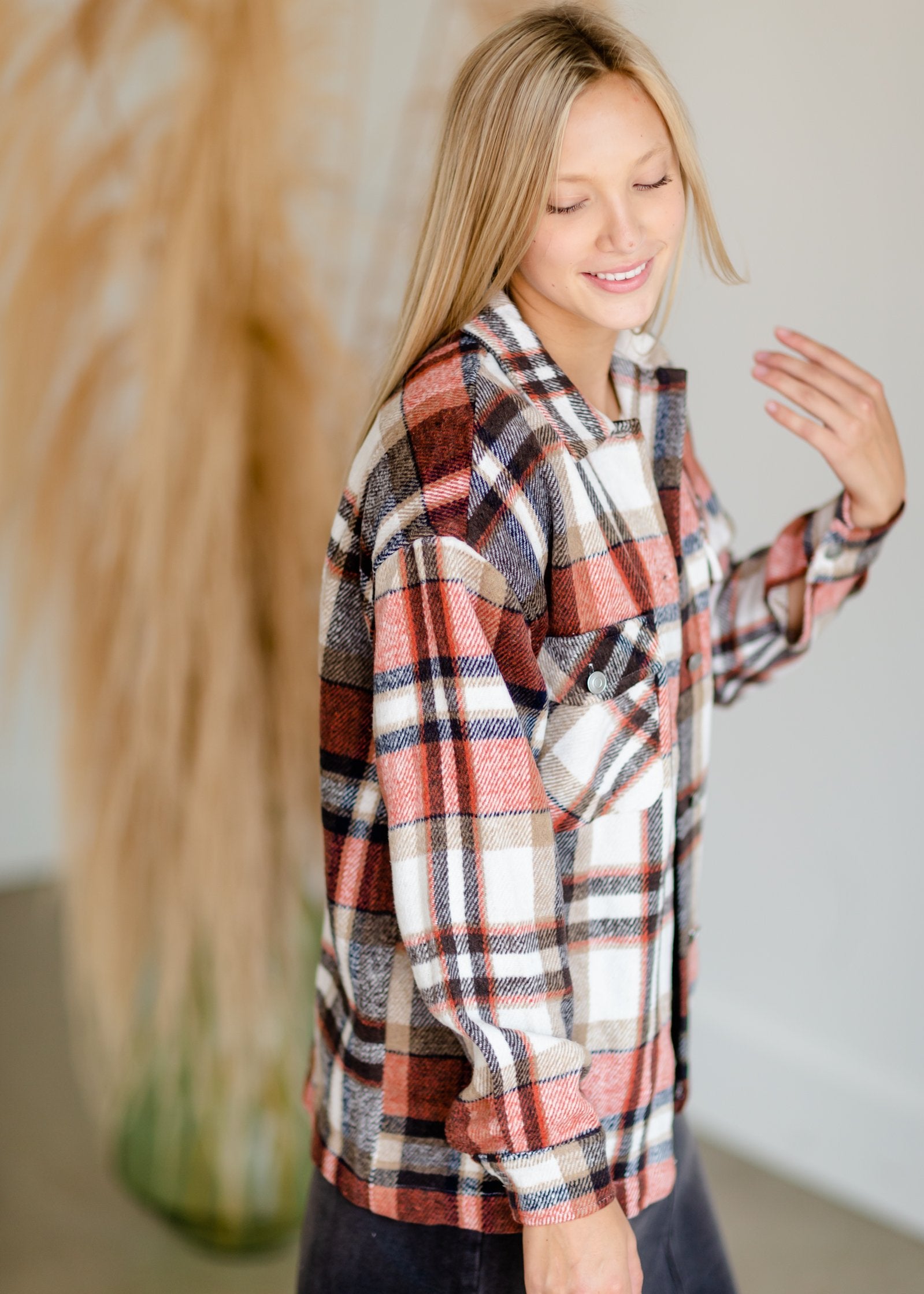 Rust Plaid Button Up Shacket Tops Staccato