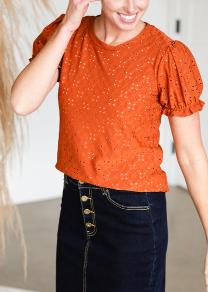 Rust Puff Sleeve Eyelet Top - FINAL SALE Shirt