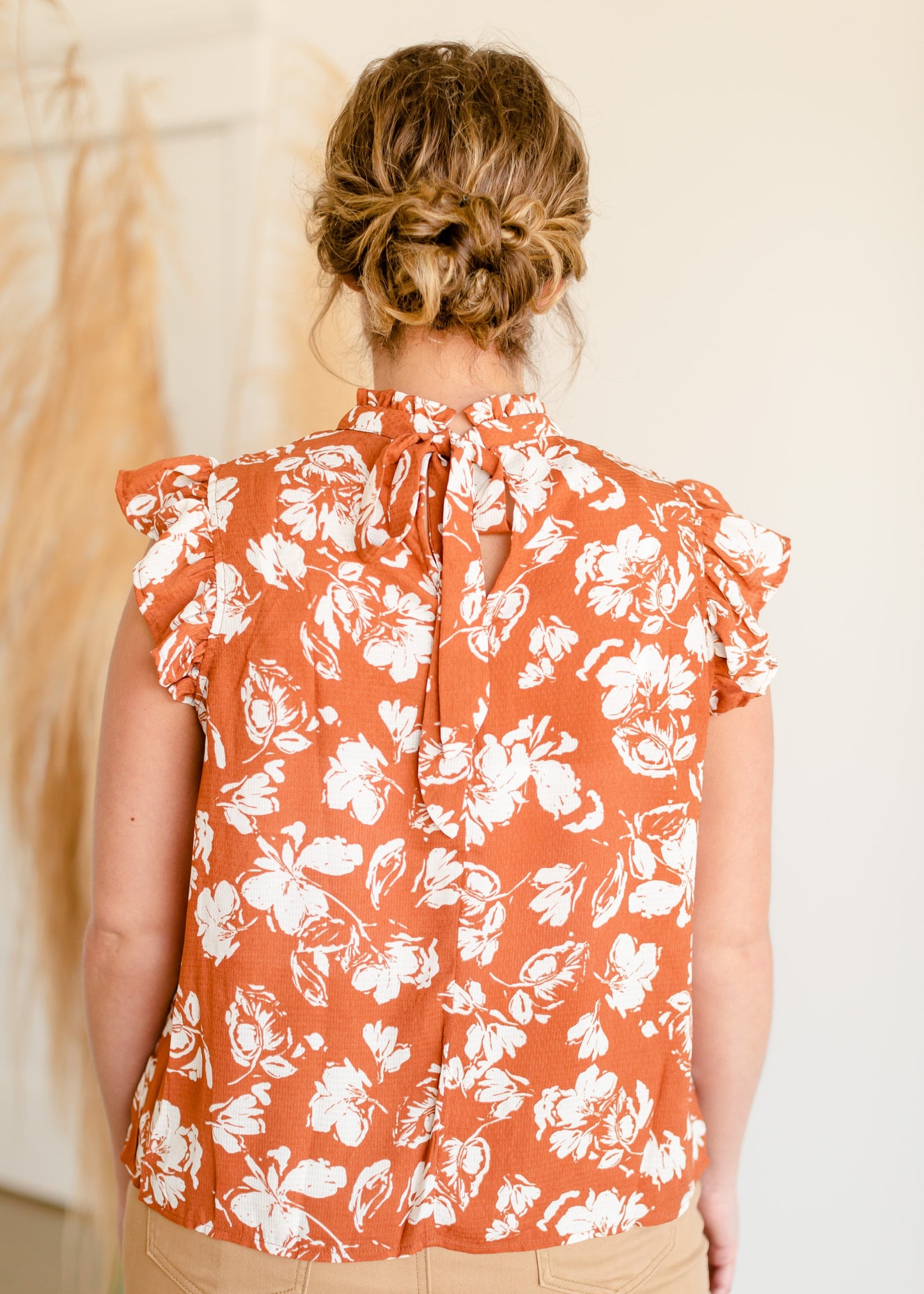 Rust Ruffle Sleeve Floral Top Tops VOY