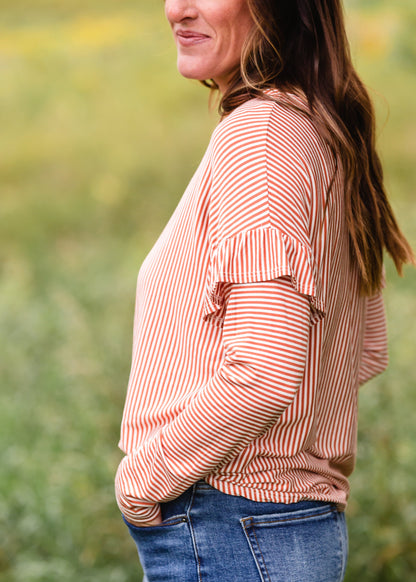 Rust Ruffled Pin Striped Top - FINAL SALE Tops