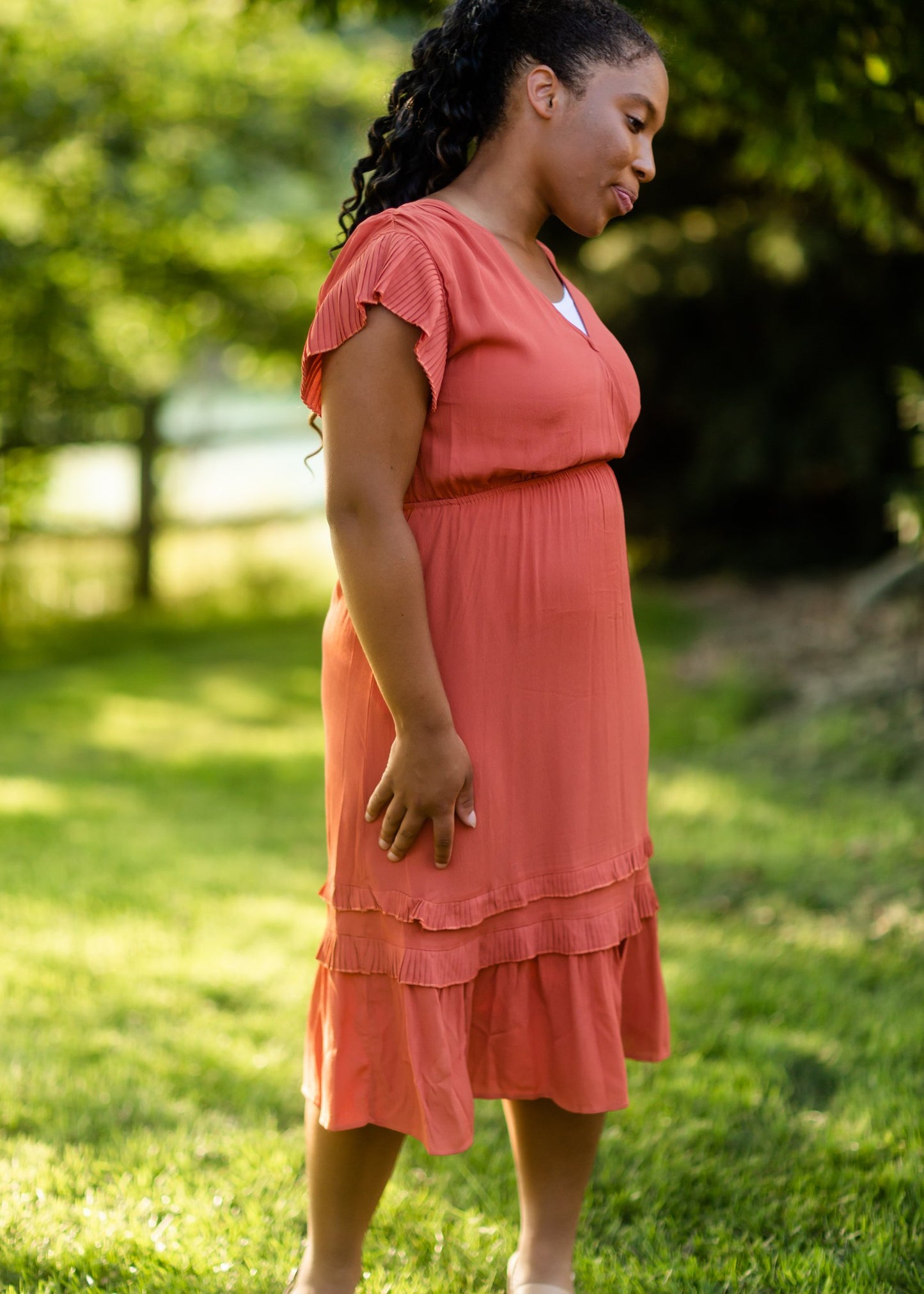 Rust Tiered Pleated Ruffle Midi Dress Dresses VOY