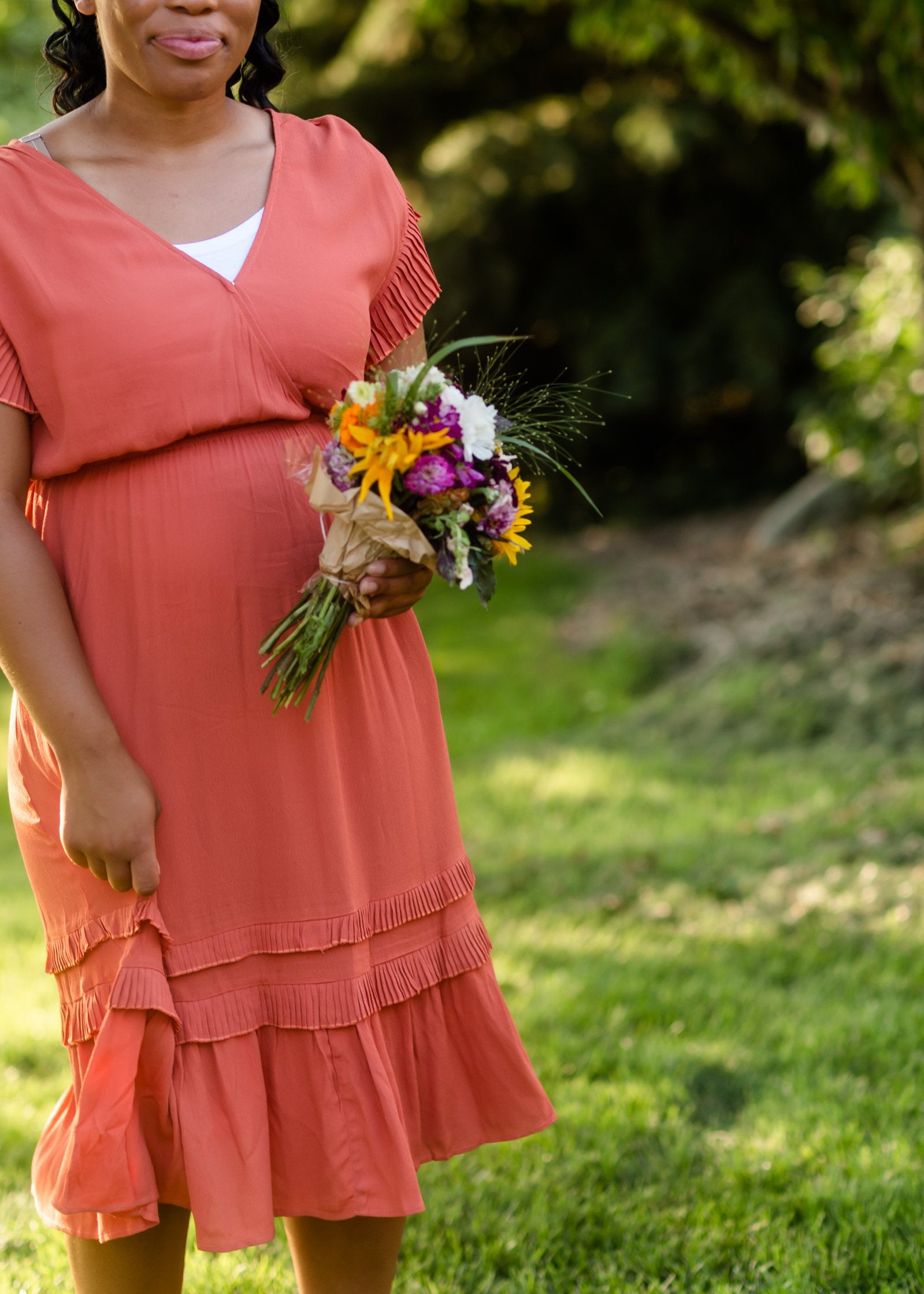 Rust Tiered Pleated Ruffle Midi Dress Dresses VOY